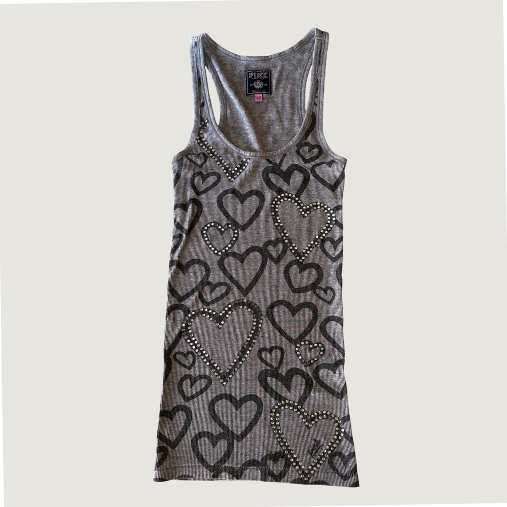 Y2K Pink Victoria's Secret Heart Rhinestone Ribbed Racerback Tank Top Scene #15